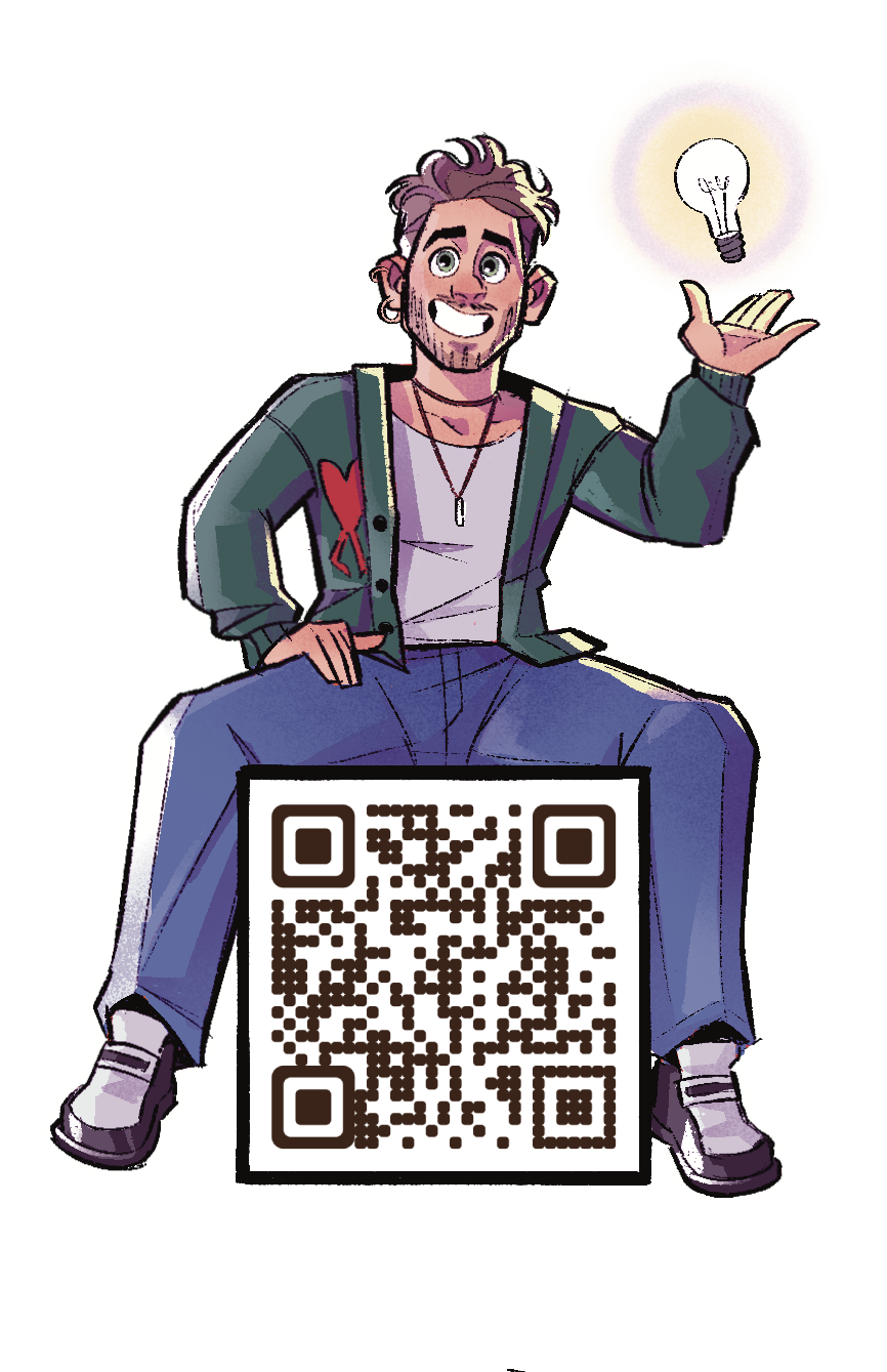 Illustration of Leonardo Manduca with a QR code linking to his contacts